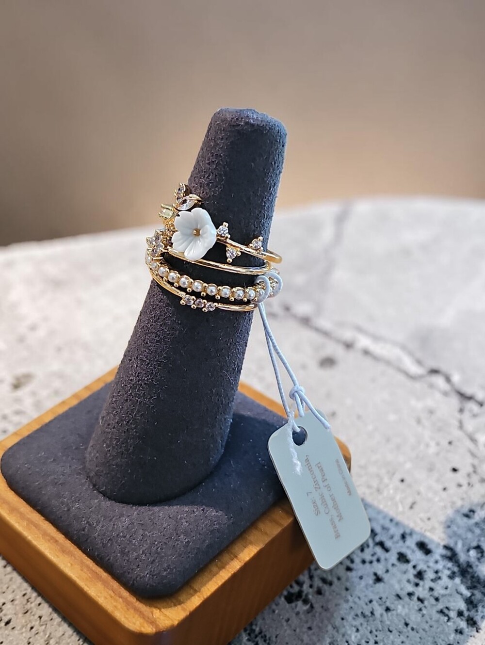 LAMENO NWT Brass Floral Pearl Stackable Ring with White Flower Accent